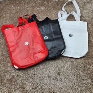 Lululemon Reusable Shopping Tote Bag Set of 3 Red Black White Small Snap Closure